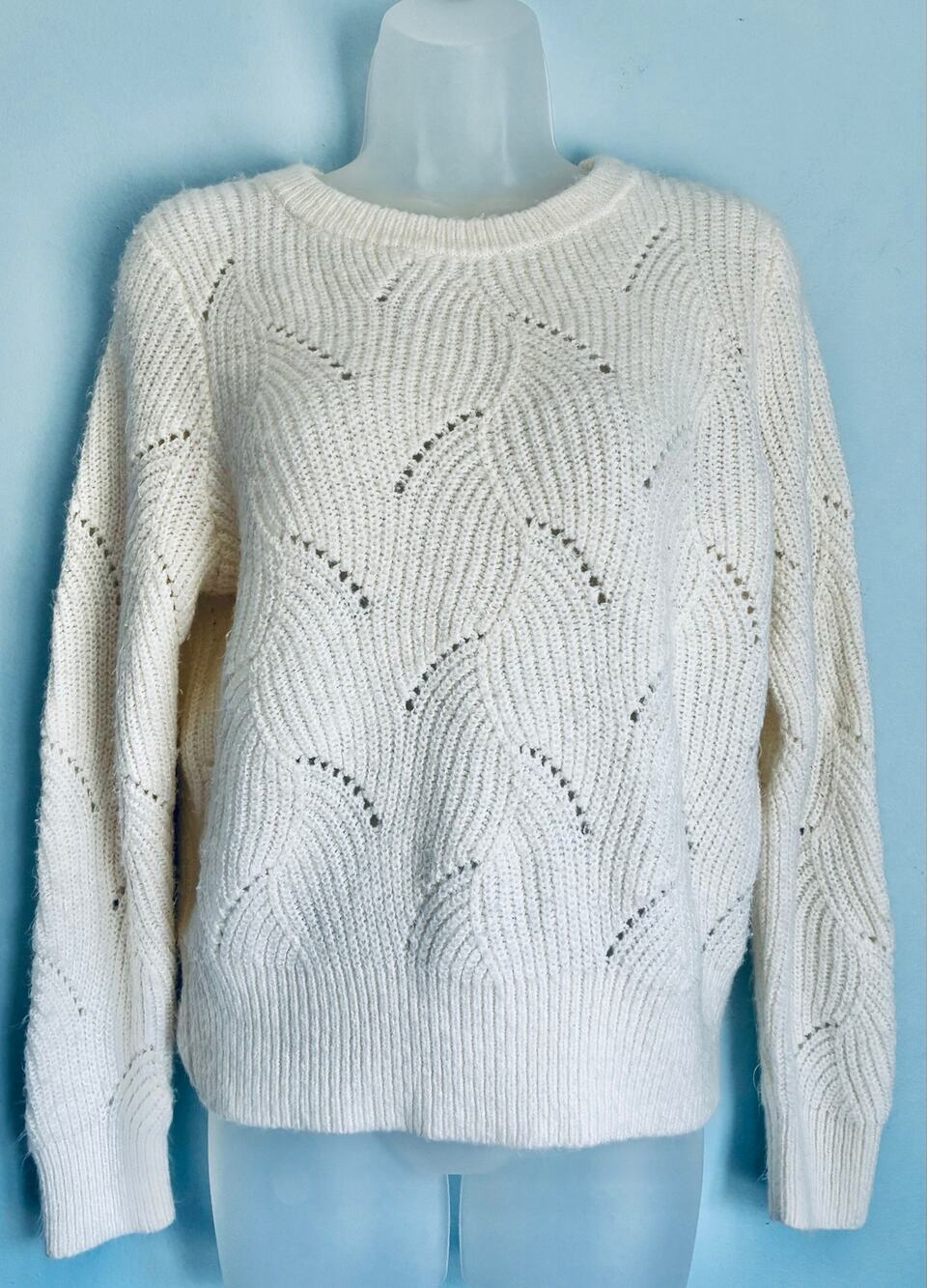 Women’s Small Ivory Pointelle Knit Sweater Crew Neck Long Sleeve Cozy A New Day